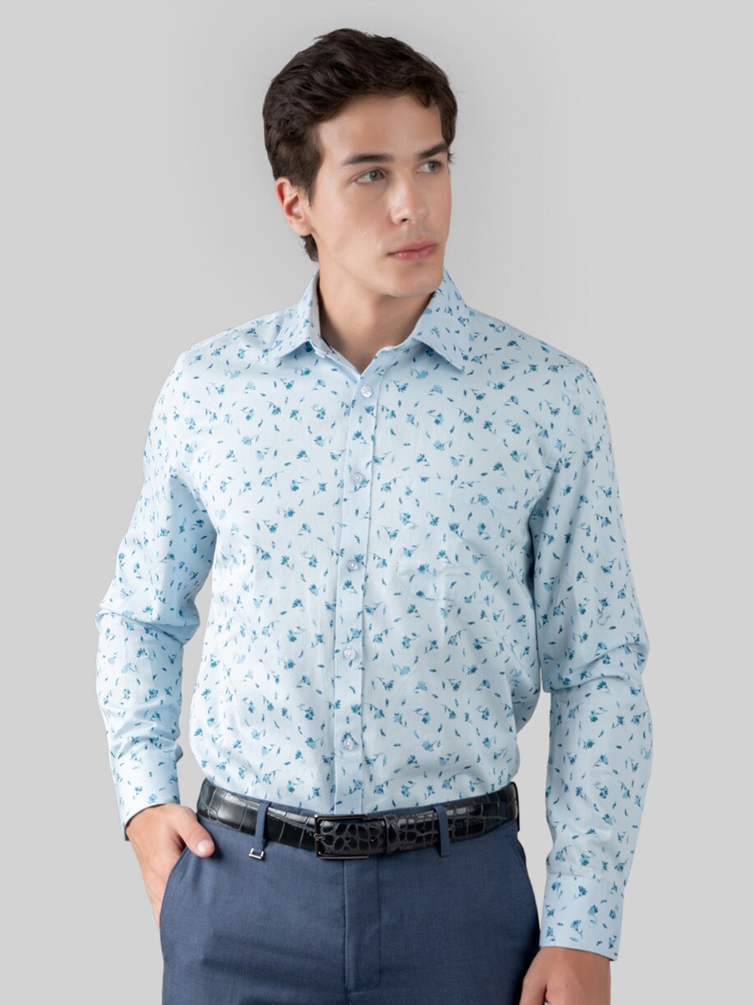 MUTAQINOTI Comfort Floral Printed Cotton Formal Shirt, Blue