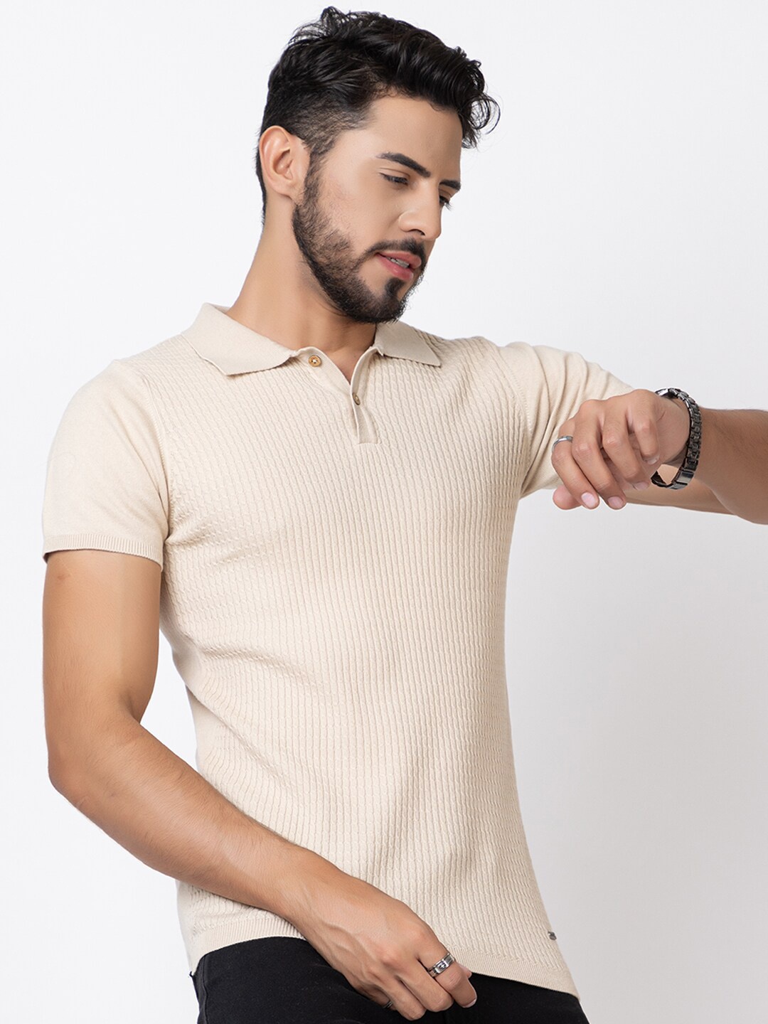 

ARMISTO Men Cable Knit Polo Collar Pure Cotton T-shirt, Beige