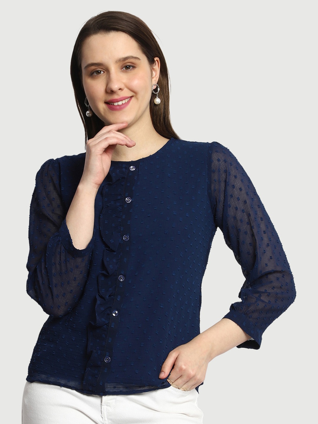 

Prettify Self Design Ruffled Georgette Shirt Style Top, Navy blue