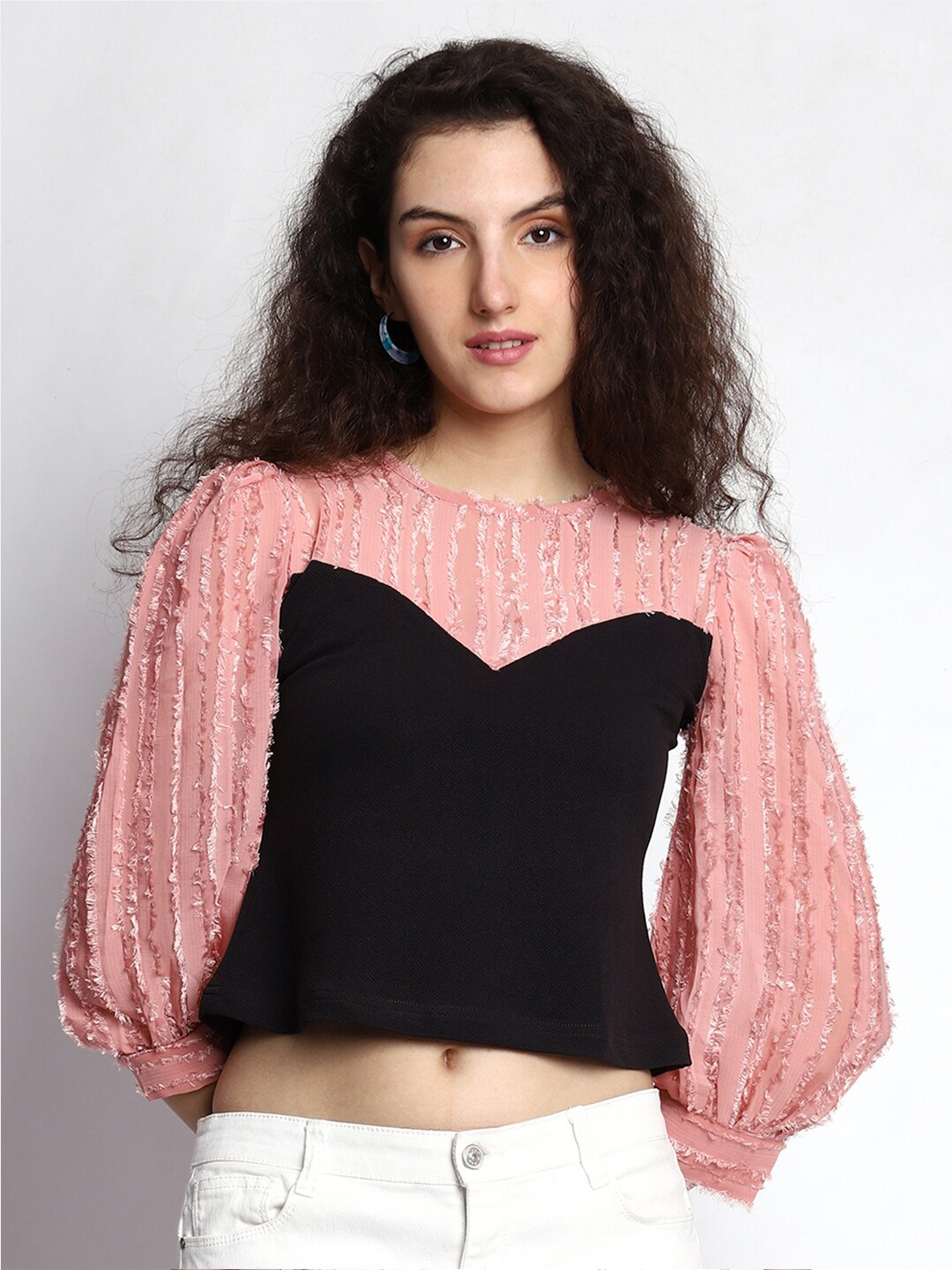 

Prettify Self Design Puff Sleeves Georgette Crop Top, Pink