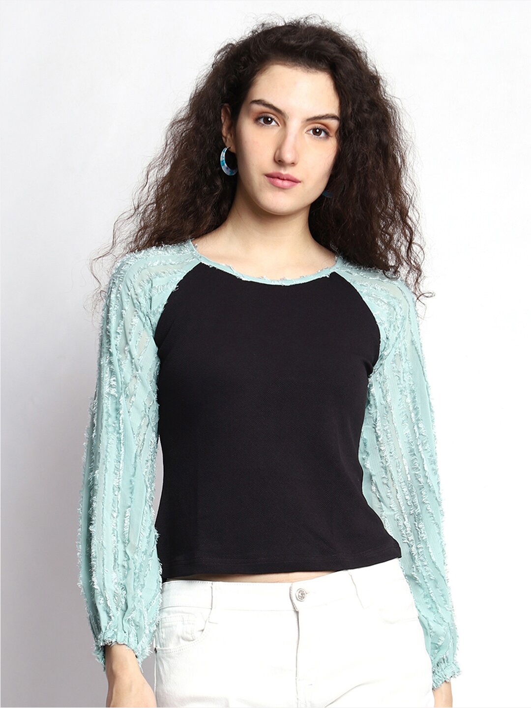 

Prettify Self Design Puff Sleeves Georgette Top, Turquoise blue