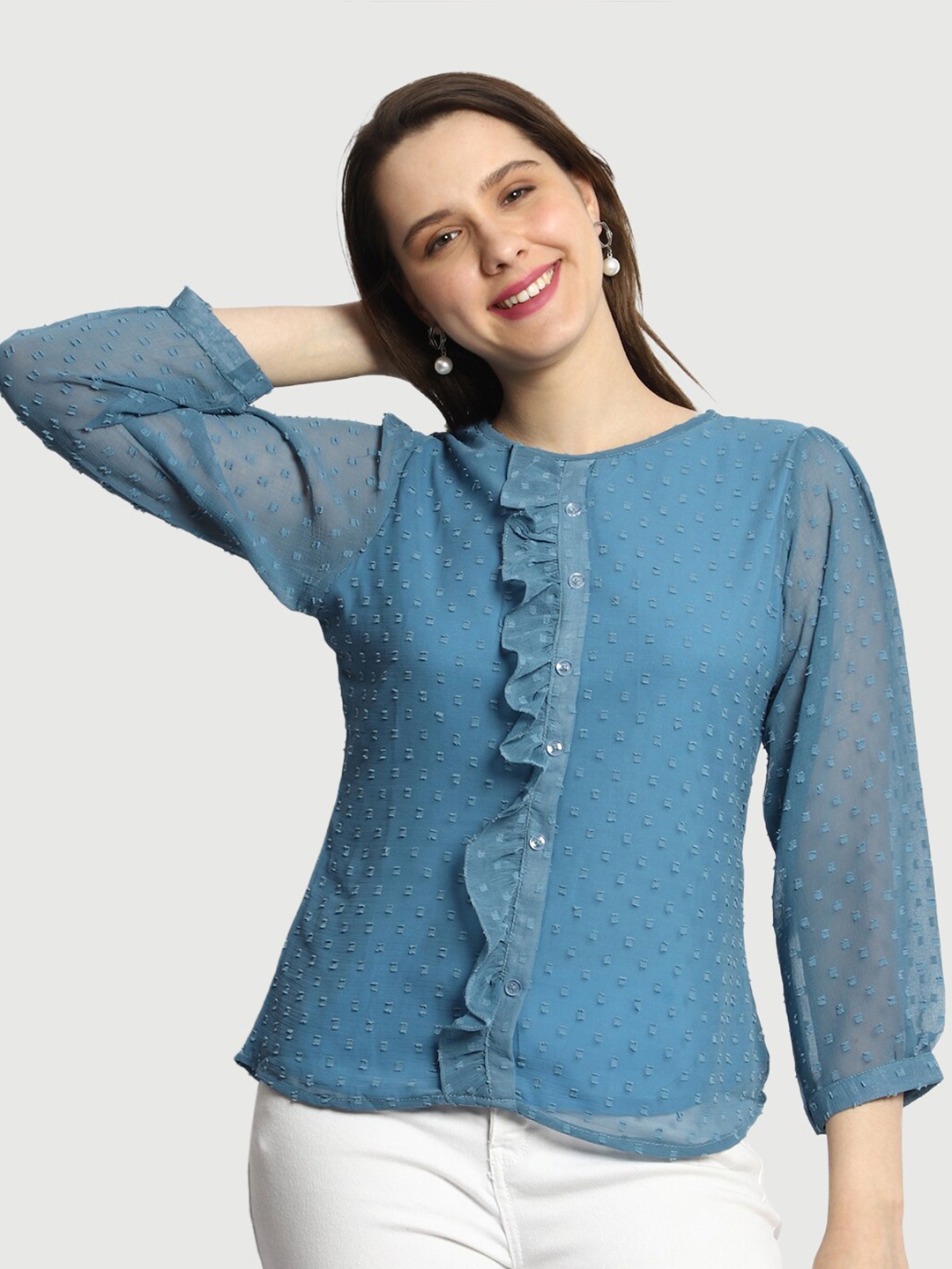 

Prettify Self Design Puff Sleeves Ruffled Georgette Shirt Style Top, Turquoise blue