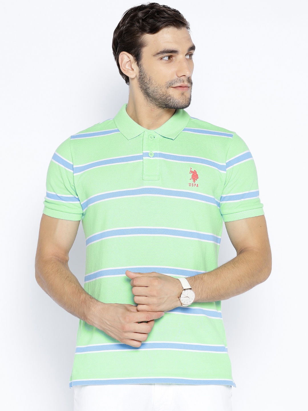 

U.S. Polo Assn. Green Blue Striped Polo Pure Cotton T-shirt