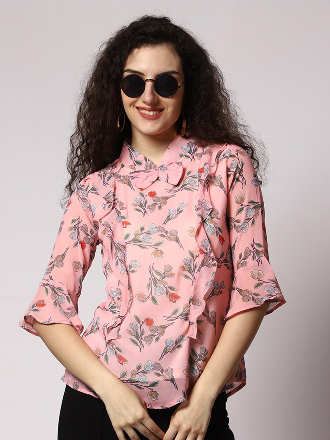 

Prettify Floral Printed Bell Sleeves Ruffled Bow Detail Georgette Top, Pink