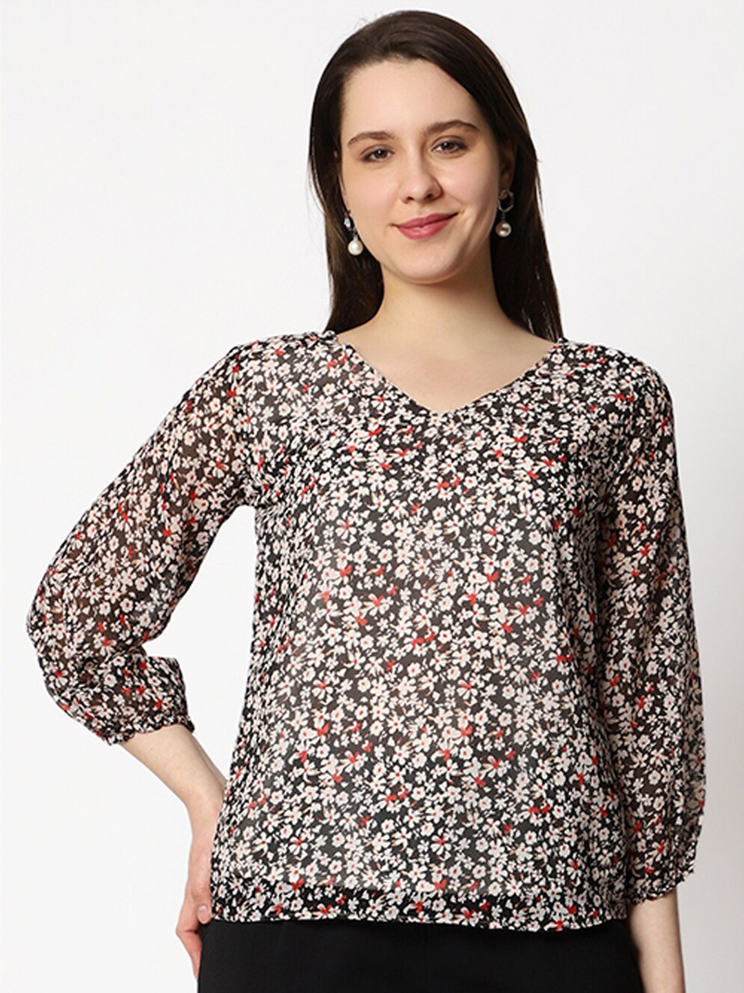 

Prettify Floral Printed Puff Sleeves V-Neck Top, Black