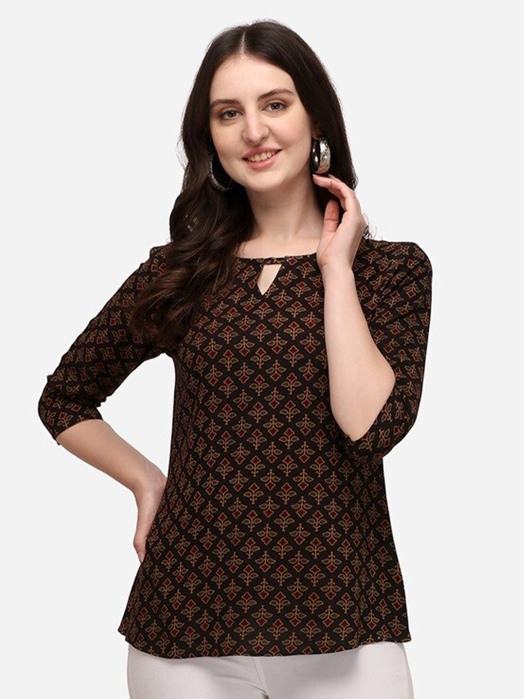 

Prettify Ethnic Motifs Printed Keyhole Neck Top, Black