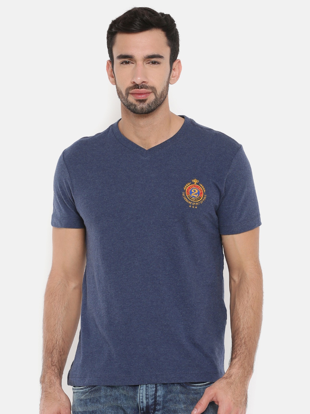 

U.S. Polo Assn. Men Blue Solid V-Neck Pure Cotton T-shirt