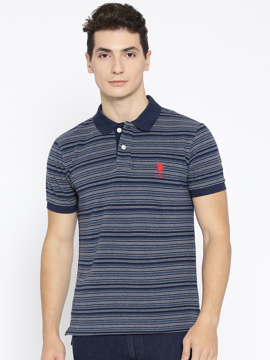 

U.S. Polo Assn. Men Navy Striped Polo Collar Pure Cotton T-shirt, Navy blue