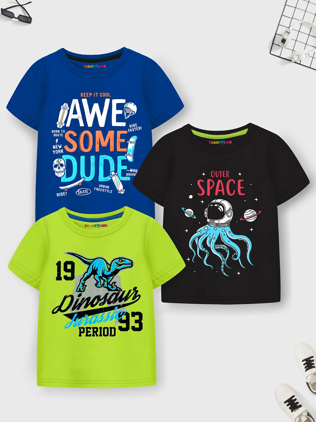 

Trampoline Boys Pack Of 3 Printed Pure Cotton T-shirt, Blue