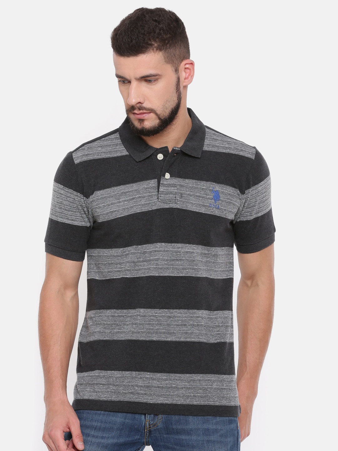 

U.S. Polo Assn. Men Black & Grey Striped Polo Collar T-shirt