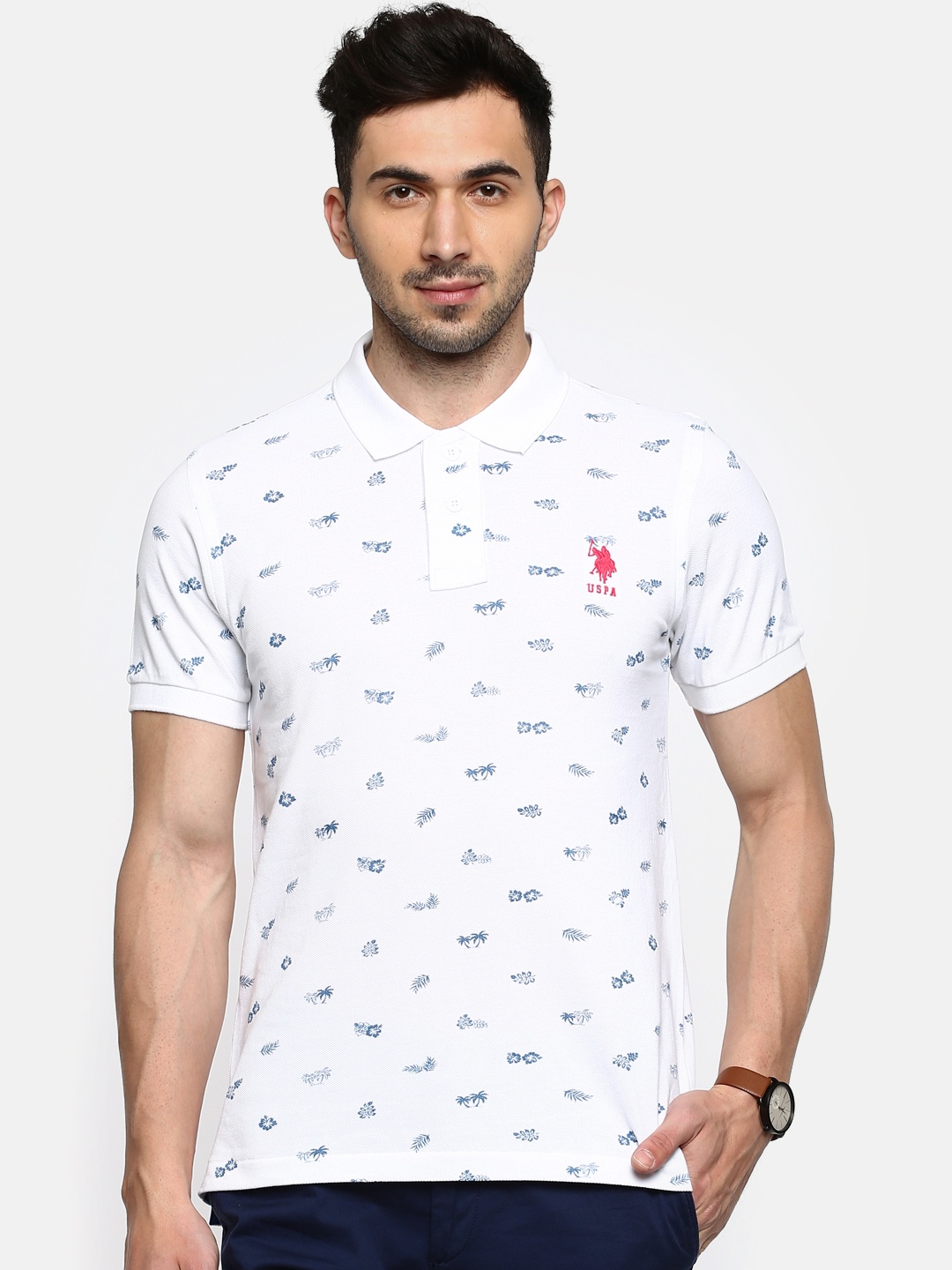 

U.S. Polo Assn. Men White Printed Polo Collar Pure Cotton T-shirt