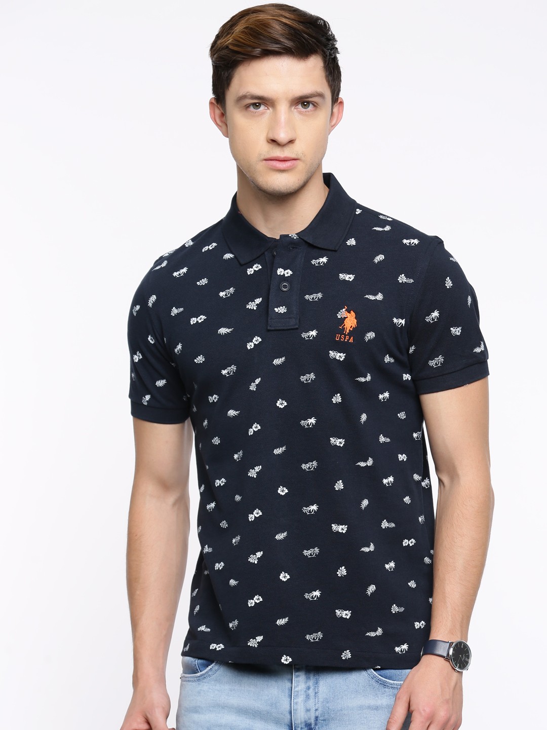 

U.S. Polo Assn. Men Navy Blue Printed Polo T-Shirt