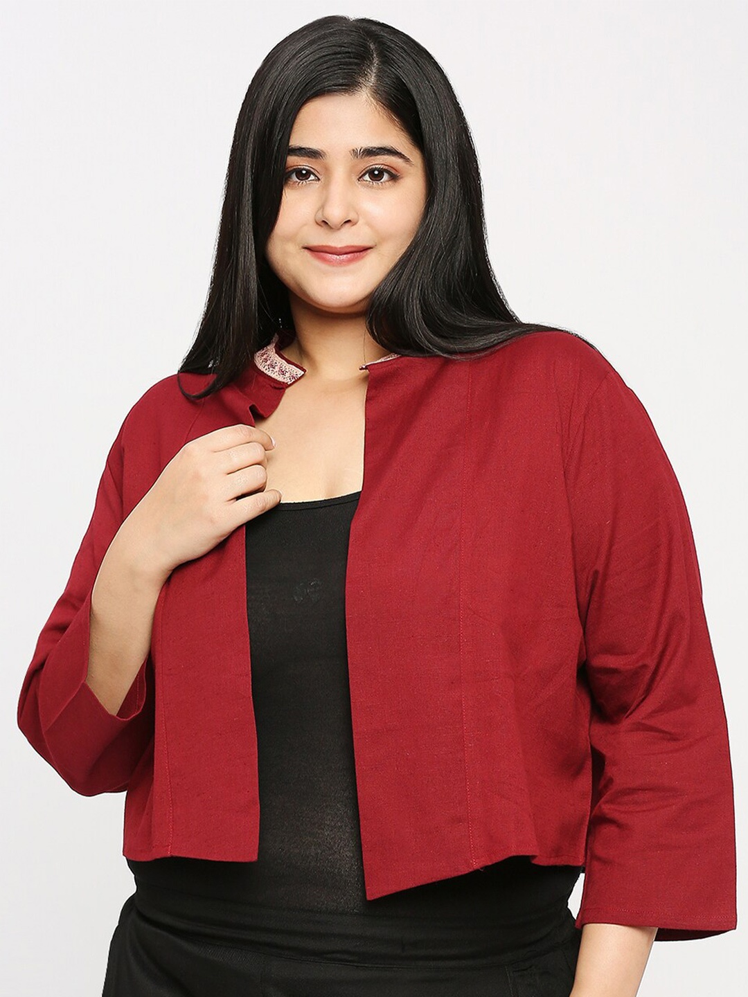 

Style Quotient Women Plus Size Cotton Open Front Shrug, Maroon