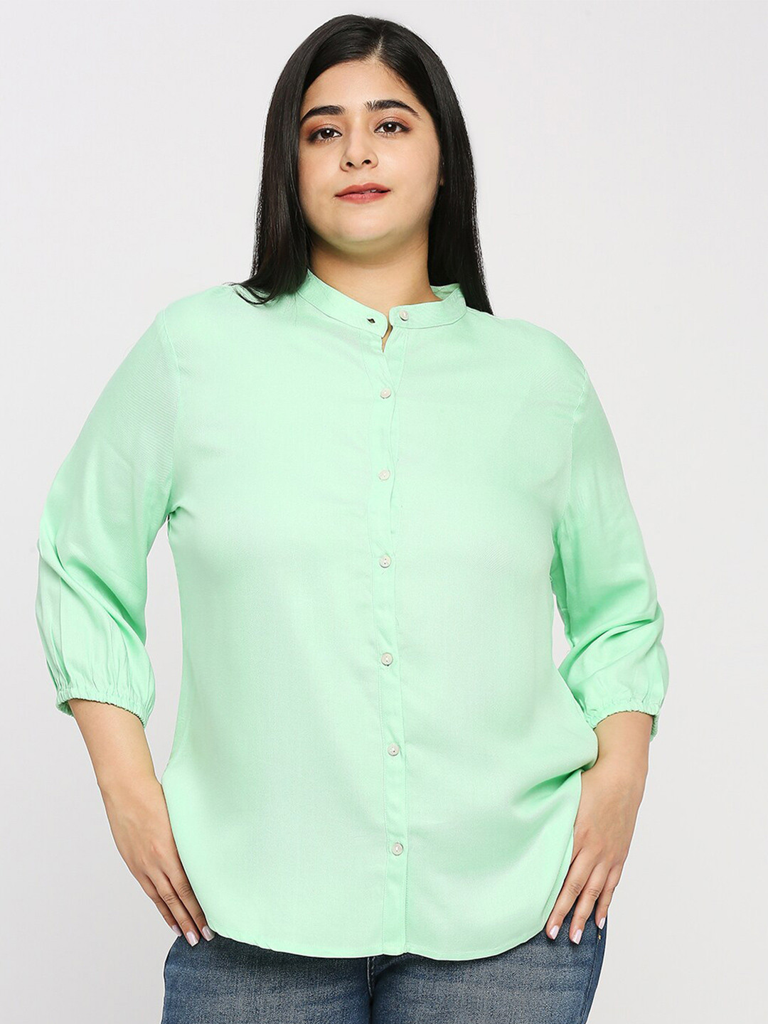 

Style Quotient Smart Band Collar Plus Size Casual Shirt, Green