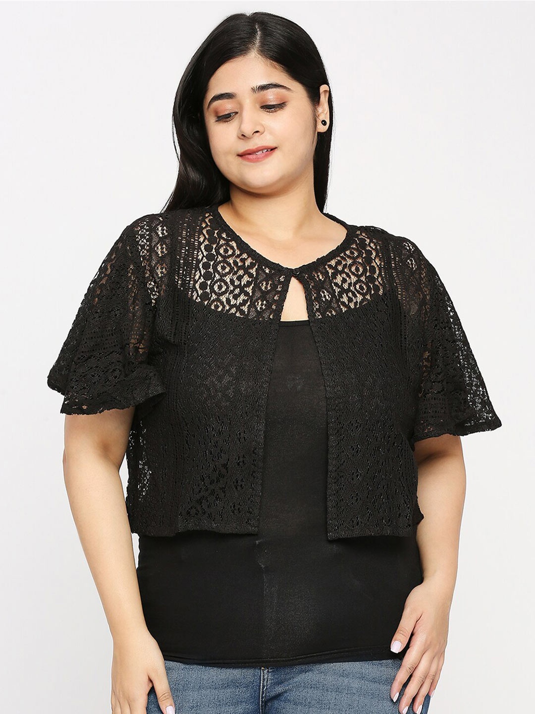 

Style Quotient Plus Size Self Design Button Shrug, Black