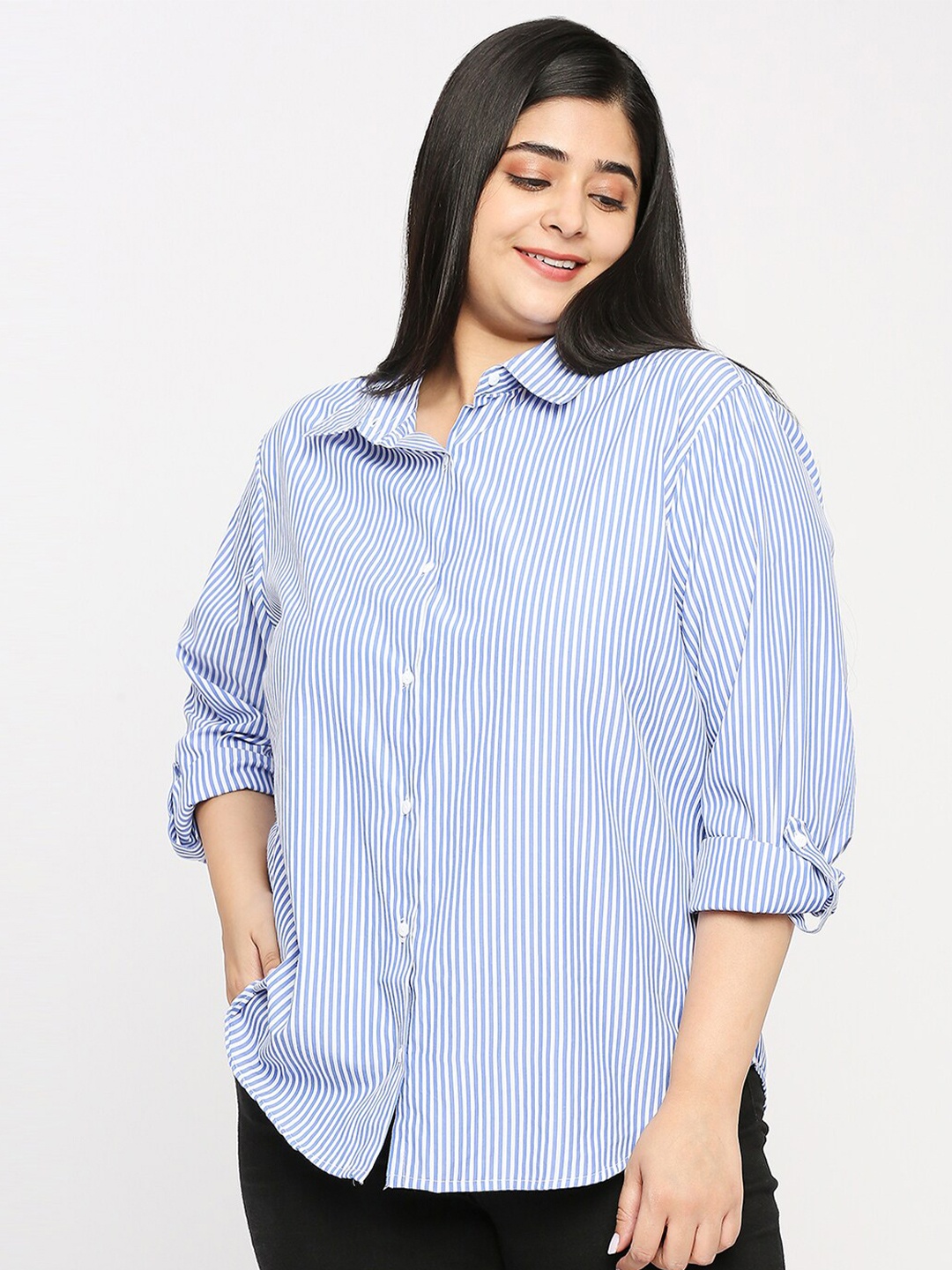 

Style Quotient Plus Size Striped Smart Formal Shirt, Blue