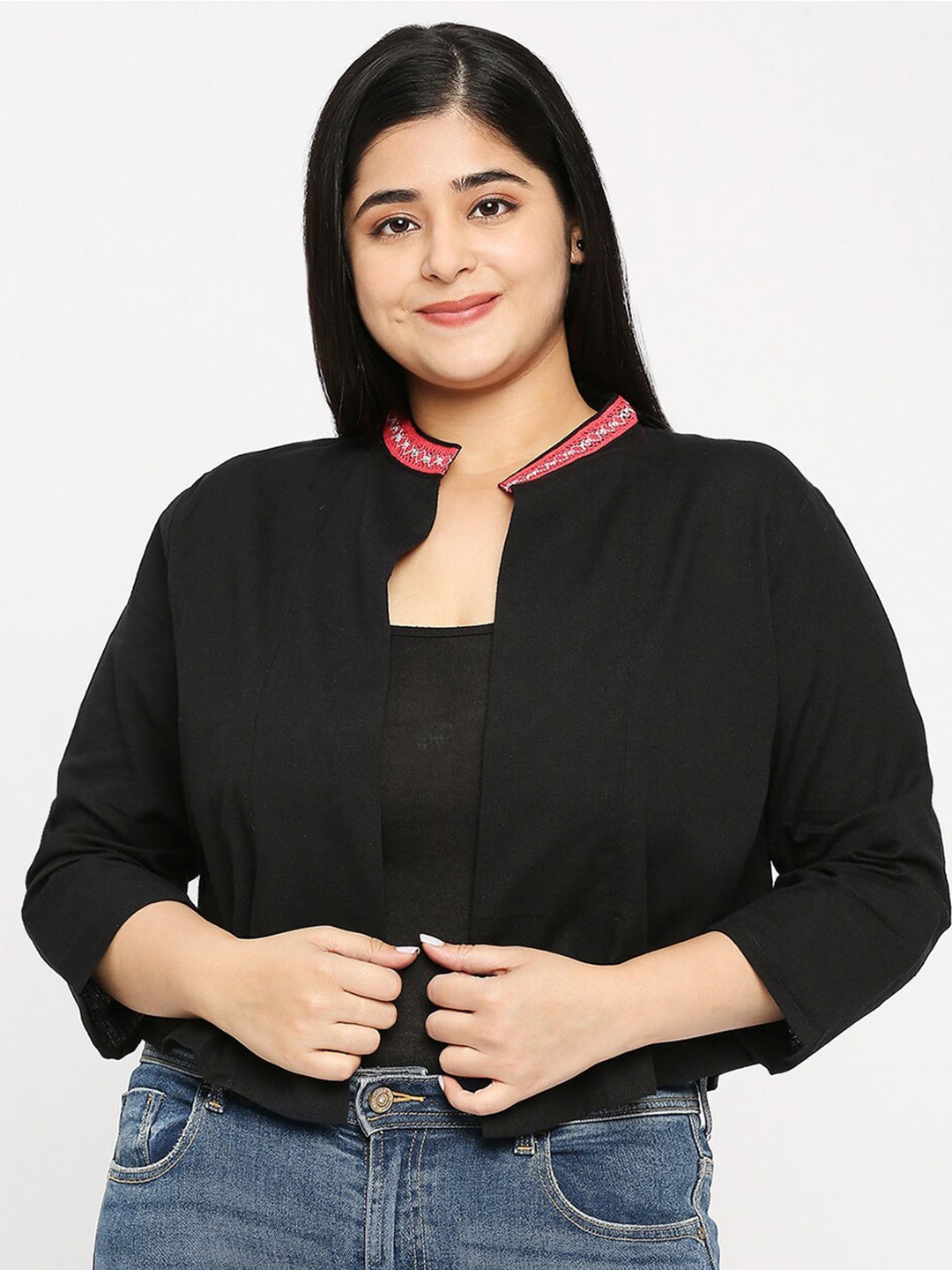 

Style Quotient Plus Size Black & Red Open Front Shrug