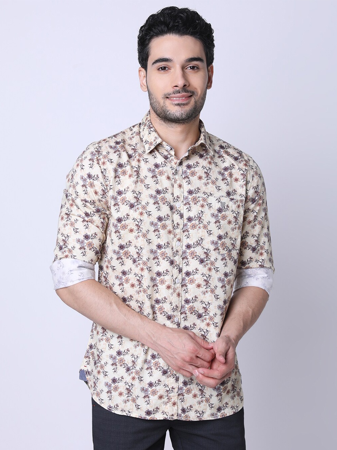 

J Hampstead Floral Printed Classic Regular Fit Shirt, Beige