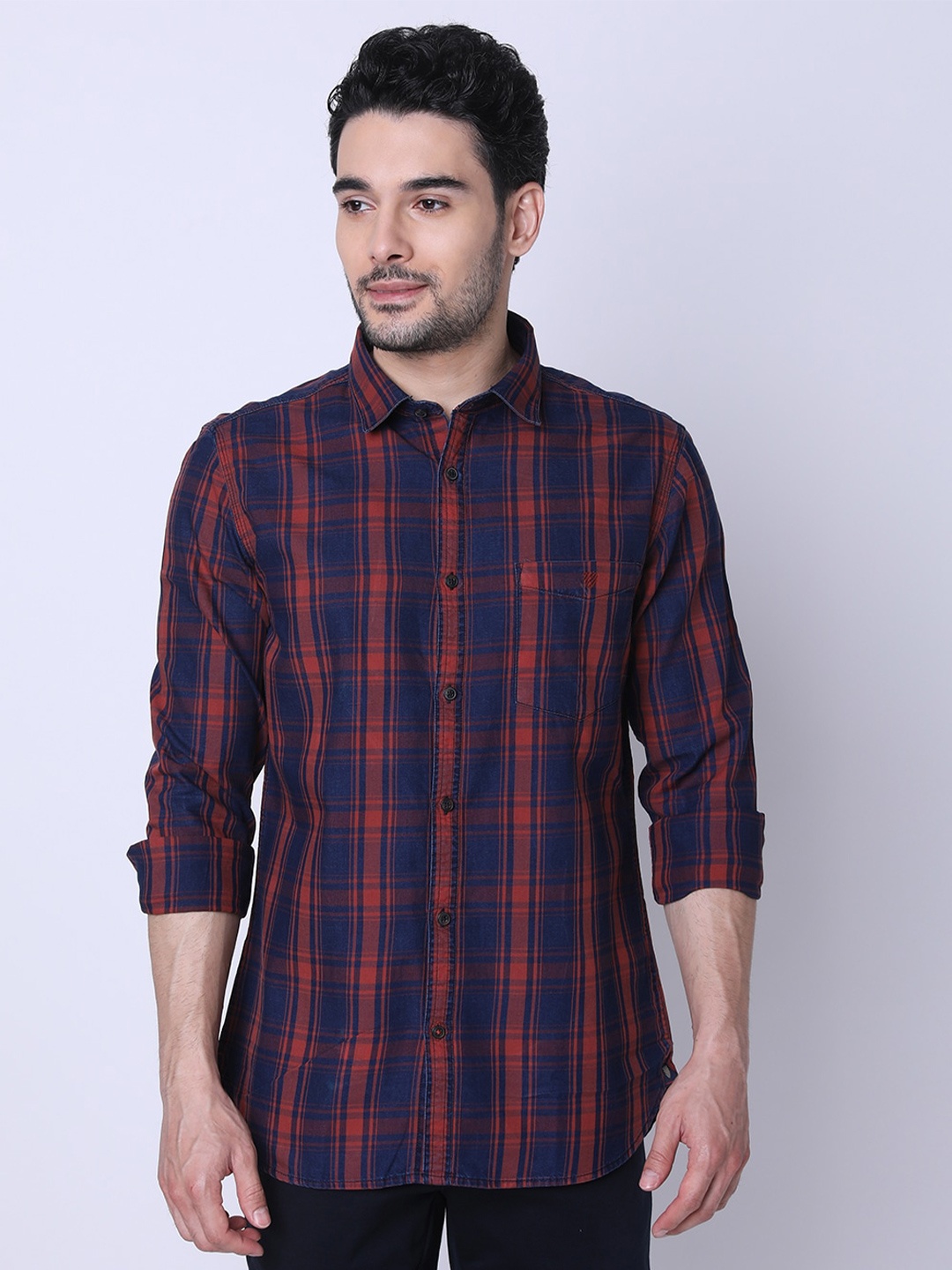 

J Hampstead Checked Printed Spread Collar Classic Regular Fit Shirt, Navy blue