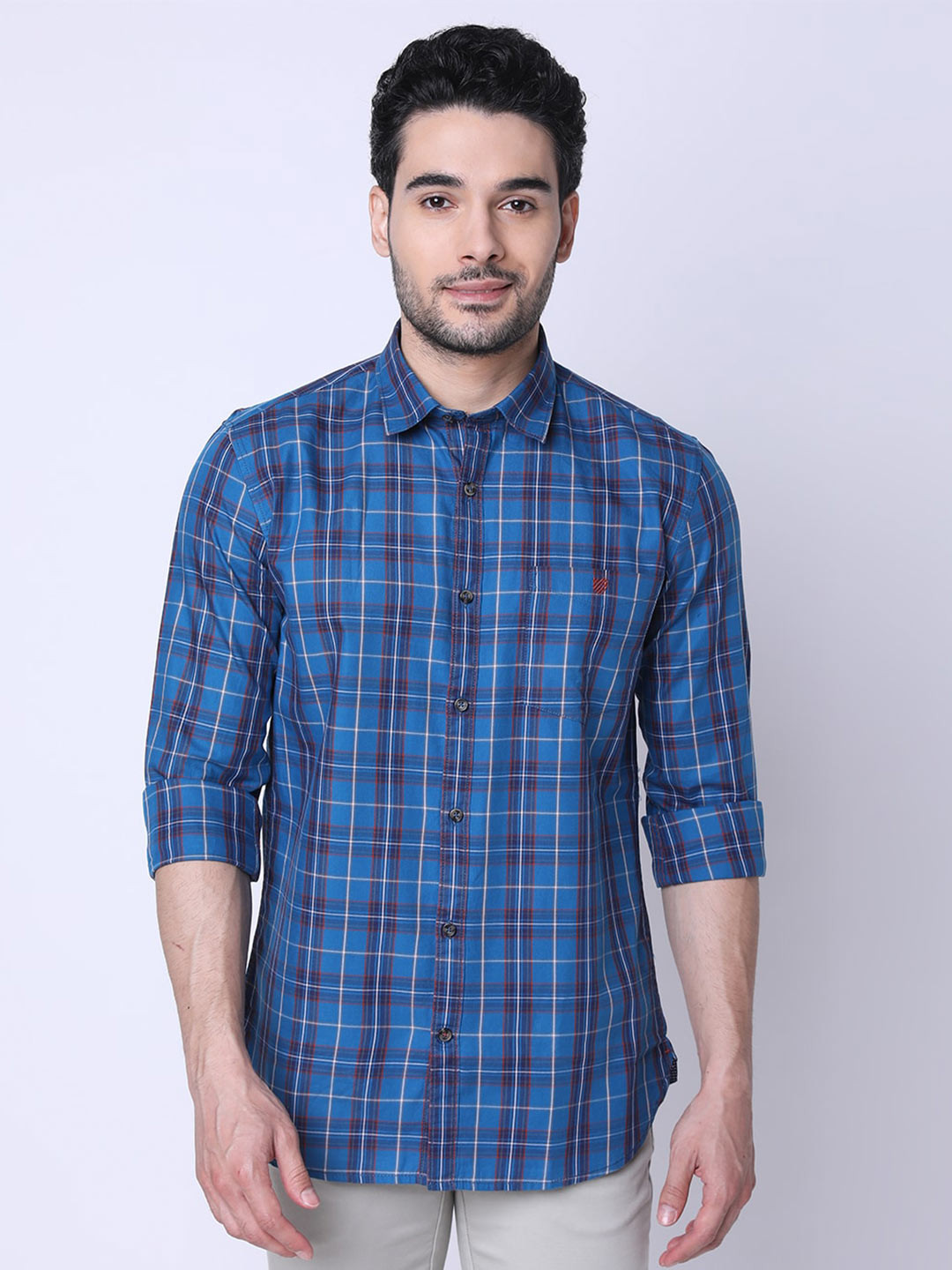 

J Hampstead Classic Checked Printed Slim Fit Cotton Shirt, Blue
