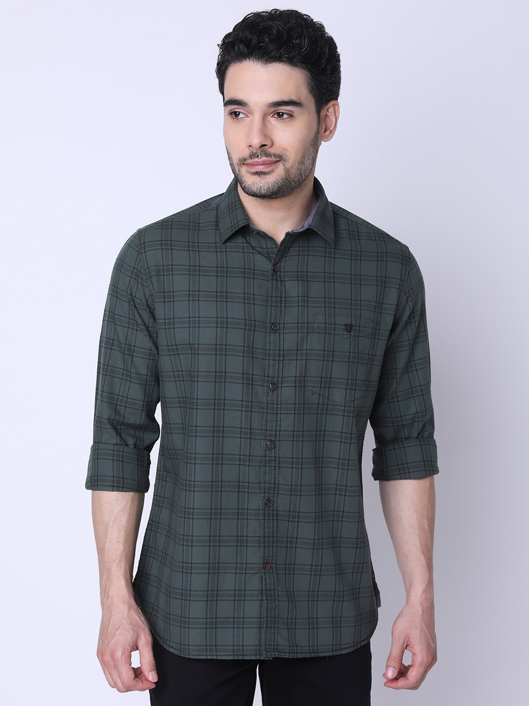 

J Hampstead Classic Tartan Checks Printed Regular Fit Shirt, Olive
