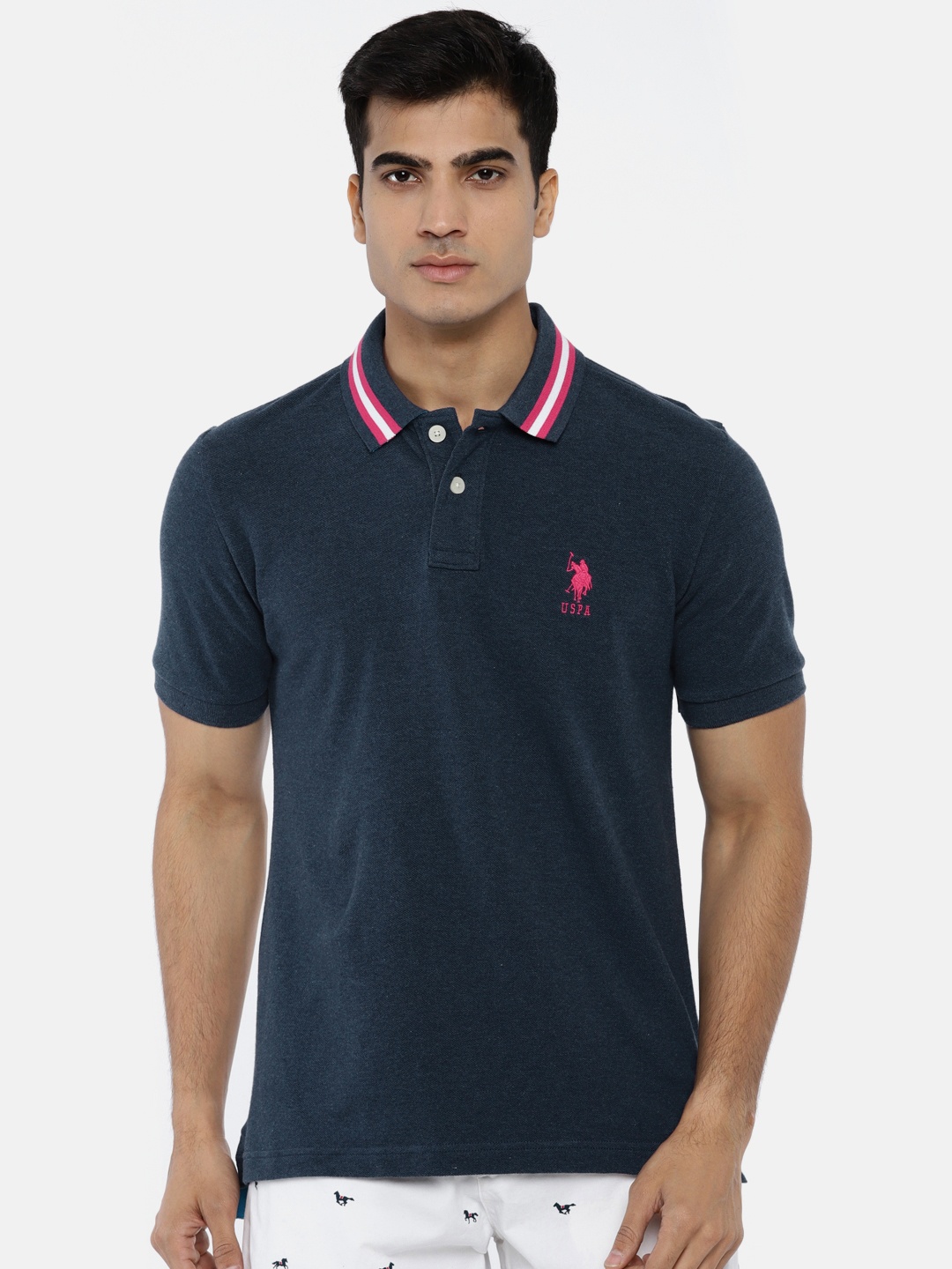 

U.S. Polo Assn. Men Navy Solid Polo Collar Pure Cotton T-shirt, Navy blue