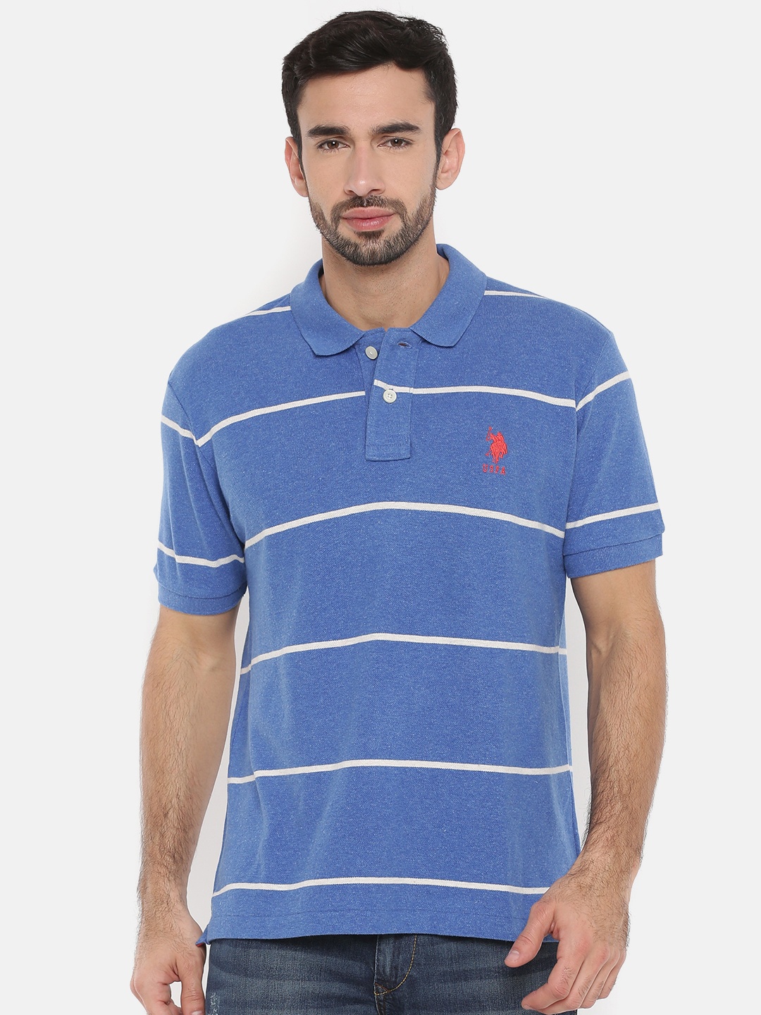 

U.S. Polo Assn. Men Blue & White Striped Polo Collar T-shirt