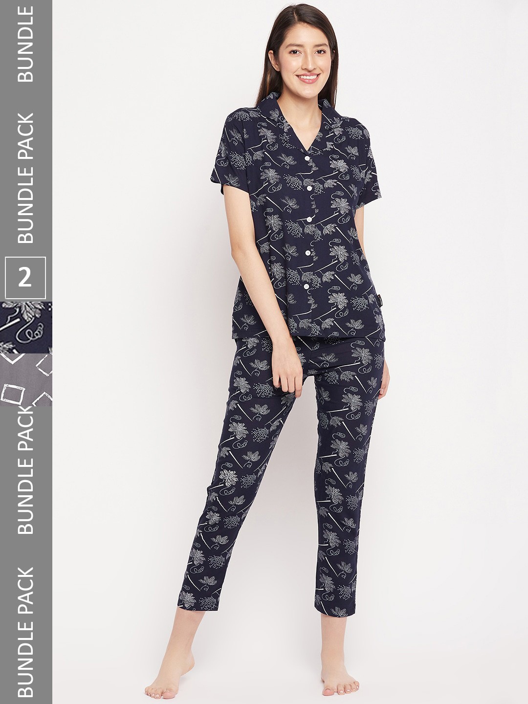 

FirstKrush Pack Of 2 Floral Printed Pure Cotton Night suit, Navy blue