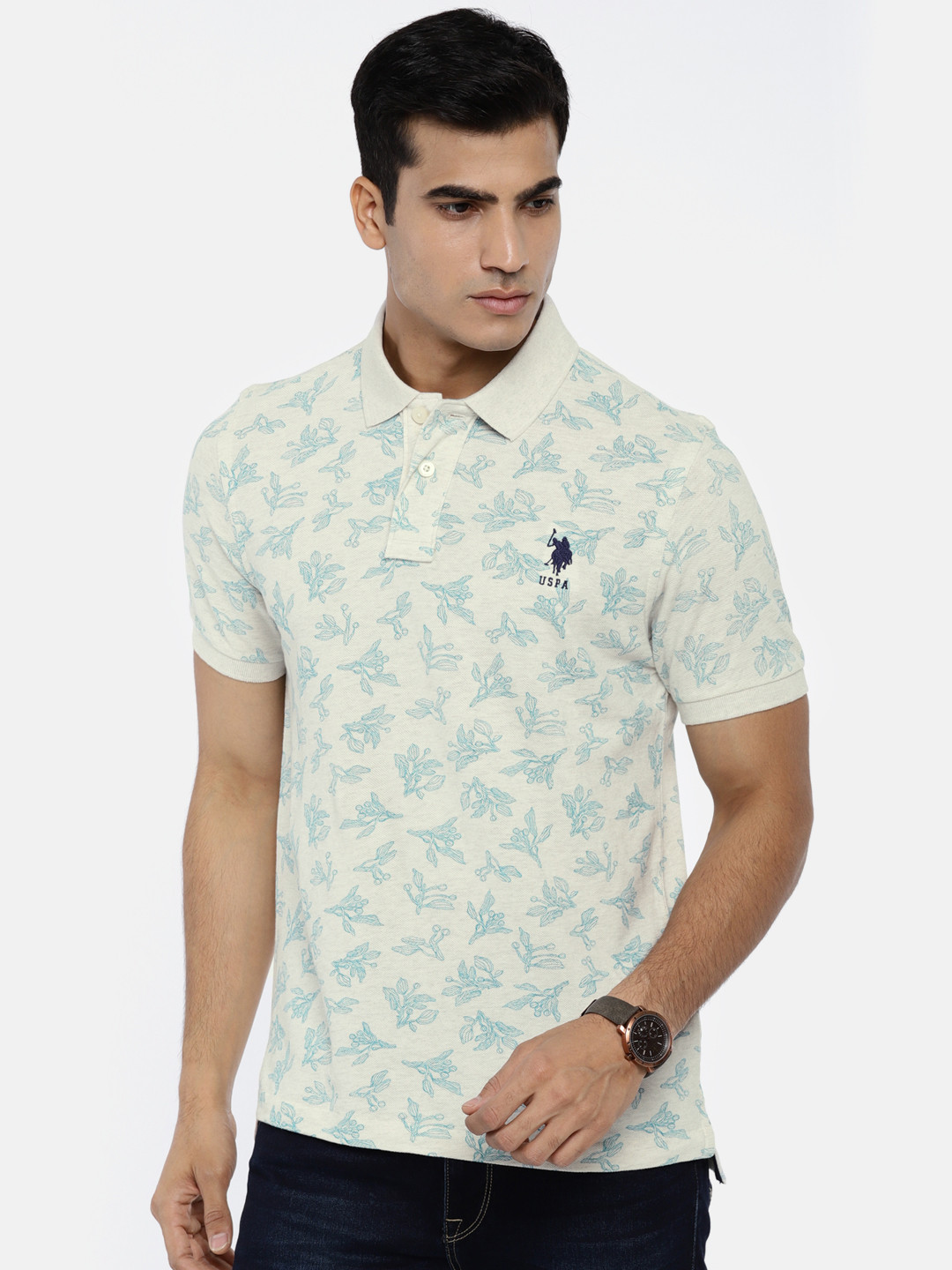 

U.S. Polo Assn. Men Off-White & Blue Printed Polo Collar T-shirt