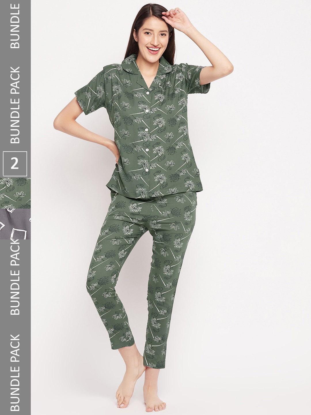 

FirstKrush Pack Of 2 Floral Printed Shirt With Pyjamas Night suit, Green