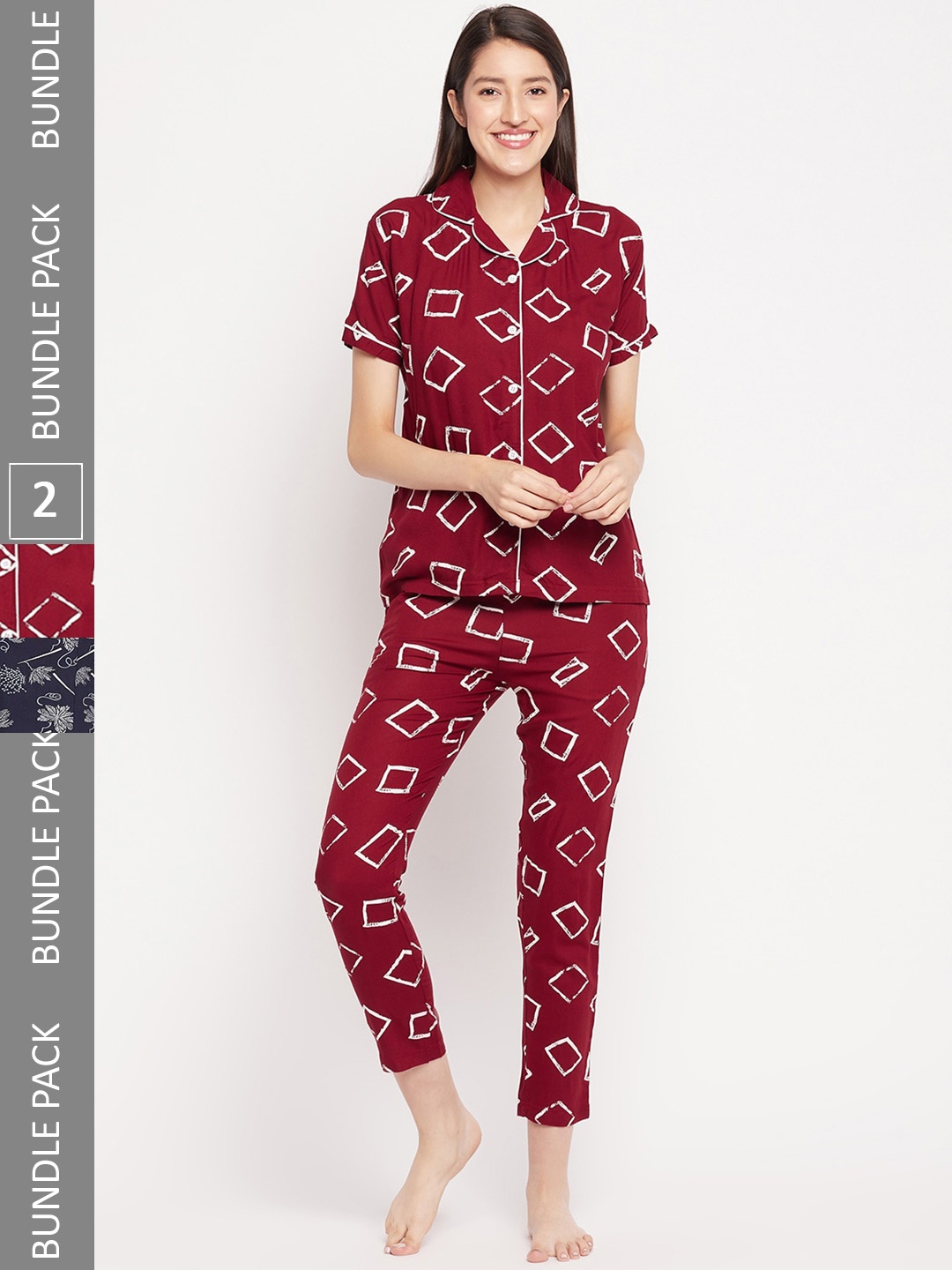 

FirstKrush Pack Of 2 Geometric Printed Shirt With Pyjamas Night suit, Maroon