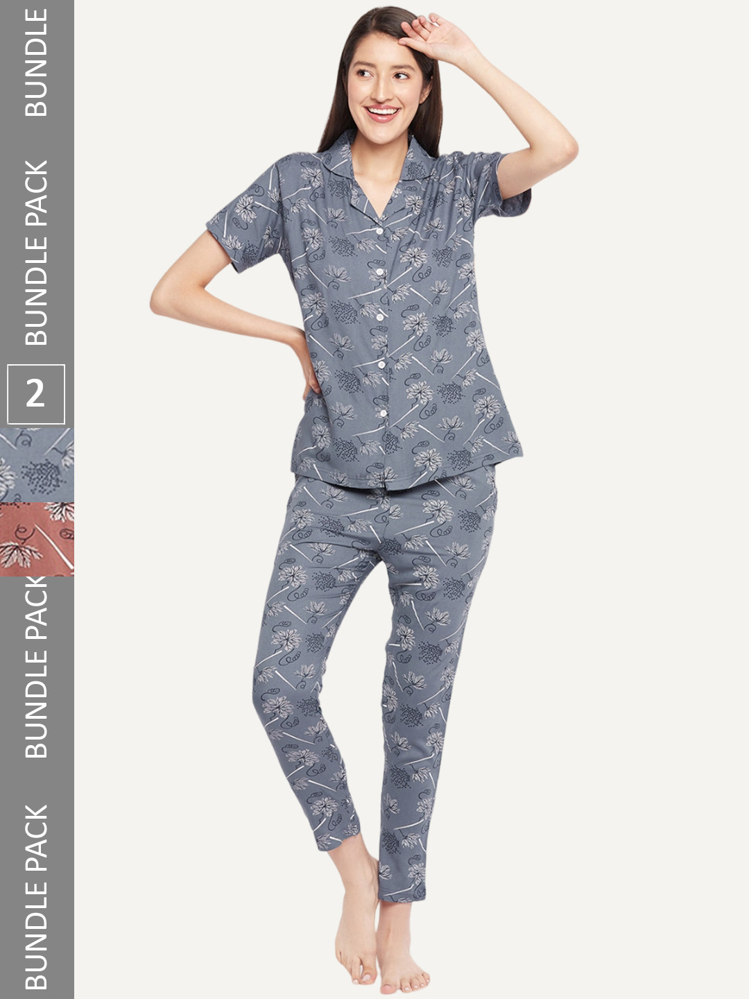 

FirstKrush Pack Of 2 Floral Printed Pure Cotton Night suit, Grey