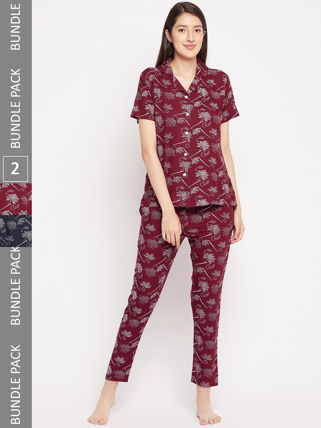 

FirstKrush Pack Of 2 Floral Printed Shirt With Pyjamas Night suit, Maroon