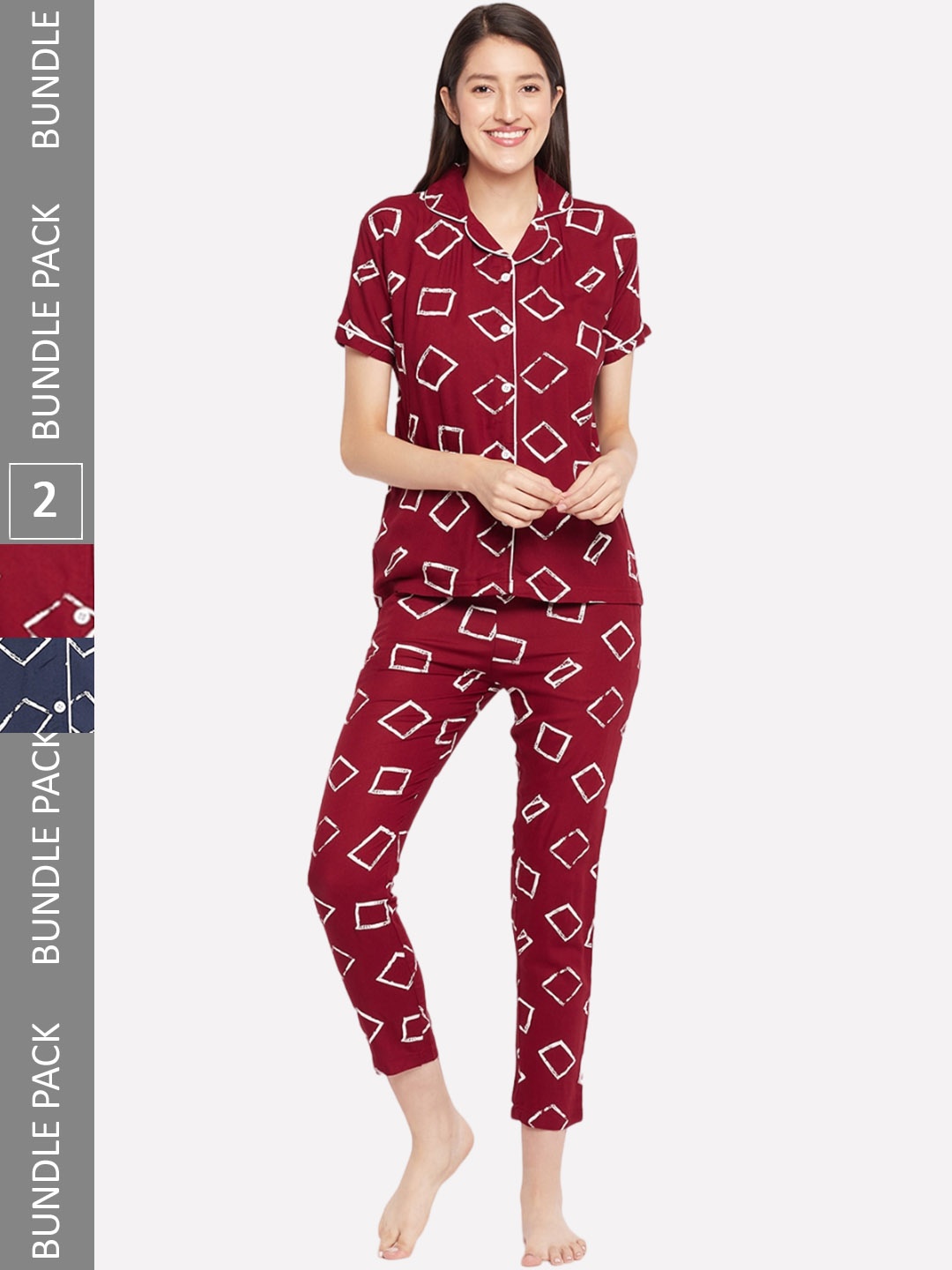 

FirstKrush Pack Of 2 Geometric Printed Pure Cotton Night suit, Maroon