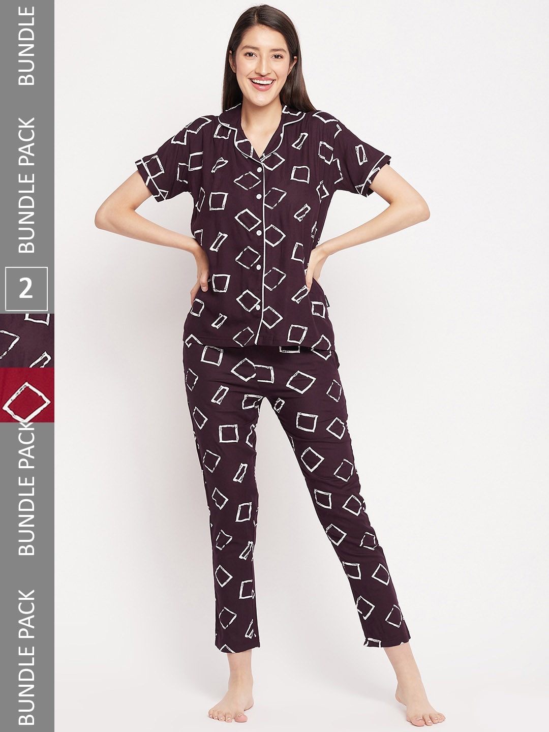 

FirstKrush Pack Of 2 Geometric Printed Pure Cotton Night suit, Maroon