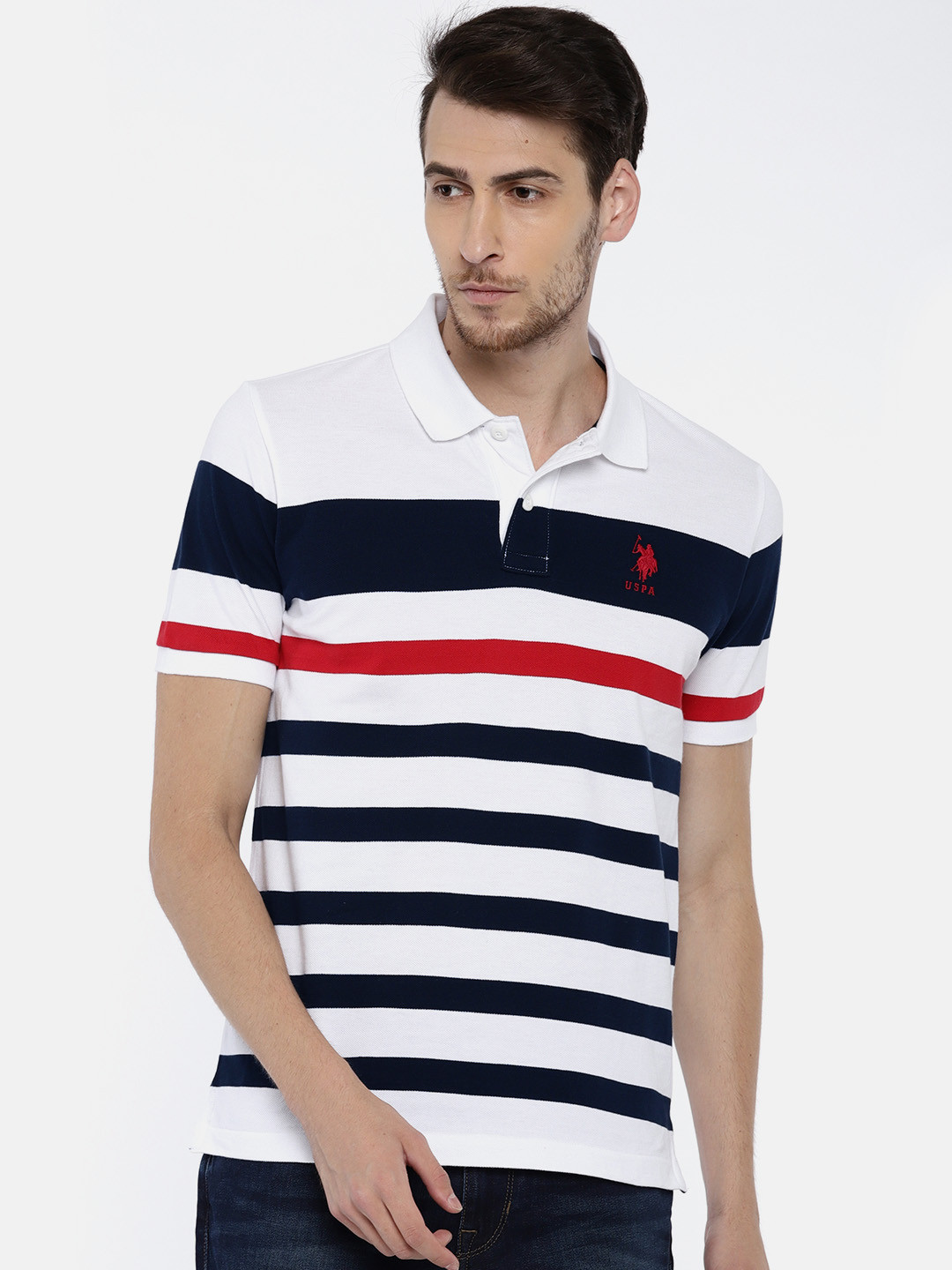 

U.S. Polo Assn. Men White Navy Striped Polo Collar Pure Cotton T-shirt