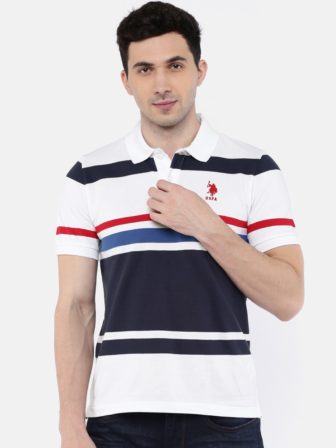 

U.S. Polo Assn. Men White & Navy Striped Polo Collar T-shirt