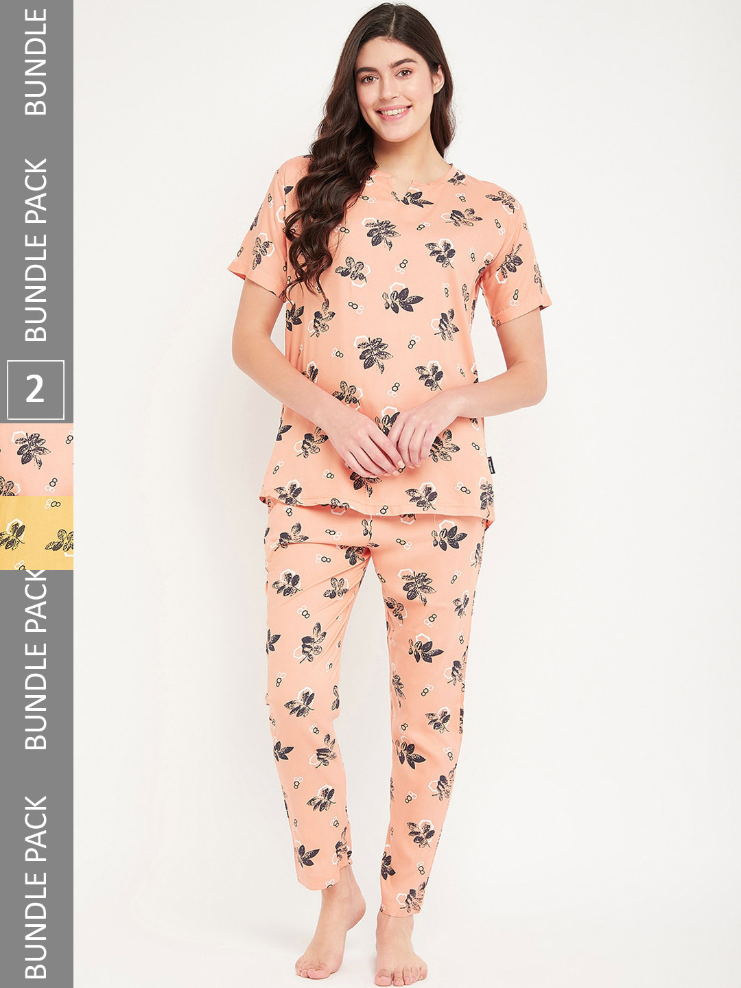 

FirstKrush Pack Of 2 Floral Printed Pure Cotton T-shirt With Pyjamas Night suit, Yellow