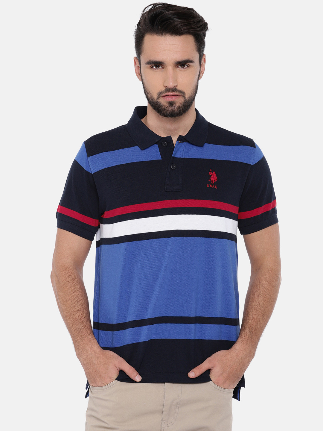

U.S. Polo Assn. Men Blue & White Striped Polo Collar T-shirt