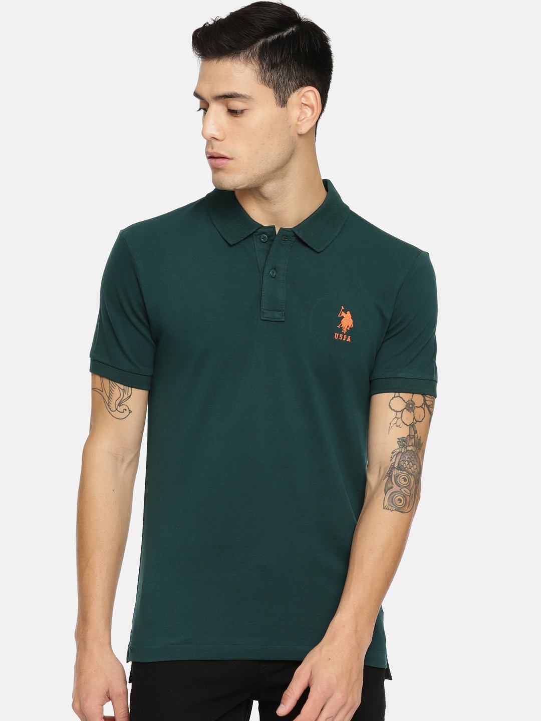 U.S. Polo Assn. Men Green Solid Polo Collar T-shirt