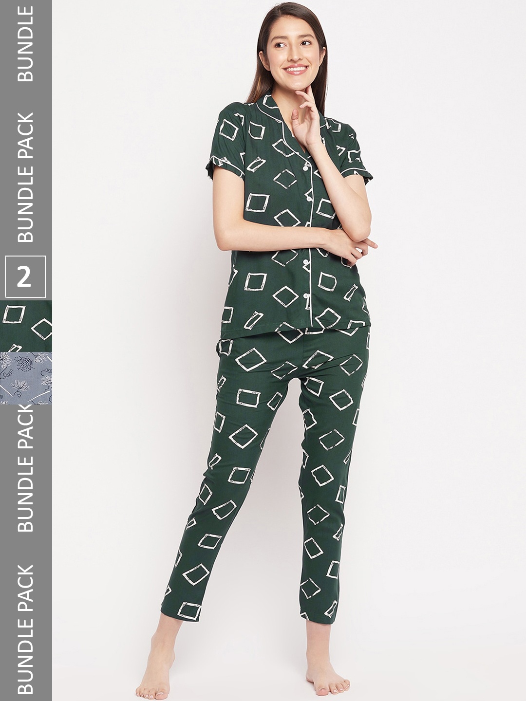 

FirstKrush Pack Of 2 Geometric Printed Pure Cotton Night suit, Green