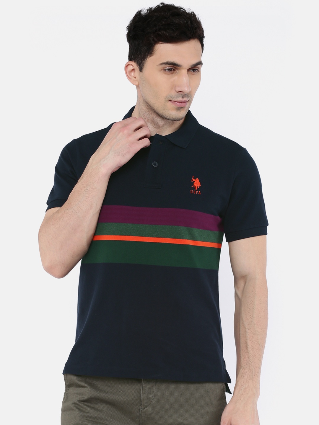 

U.S. Polo Assn. Men Navy Blue Striped Polo Collar T-shirt