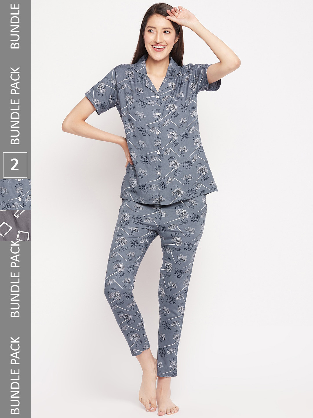 

FirstKrush Pack Of 2 Geometric Printed Pure Cotton Night suit, Grey