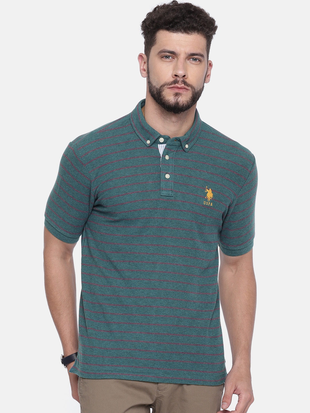 

U.S. Polo Assn. Men Teal Blue Striped Polo Collar Pure Cotton T-shirt