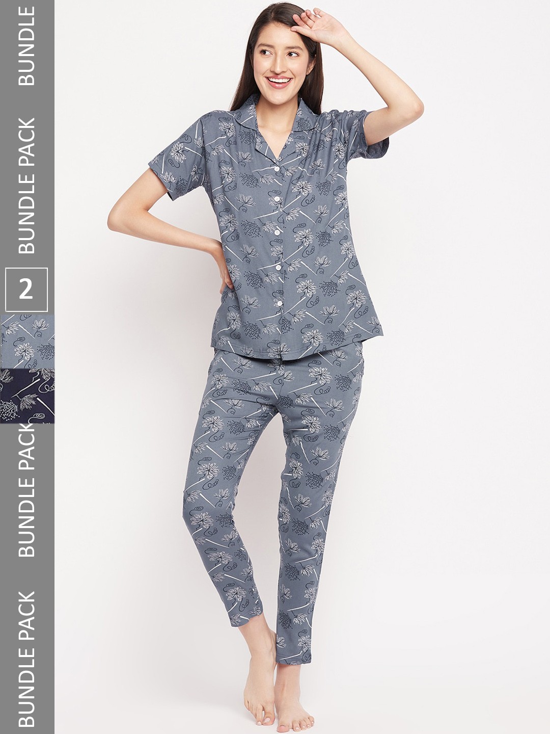 

FirstKrush Pack Of 2 Floral Printed Shirt With Pyjamas Night suit, Navy blue