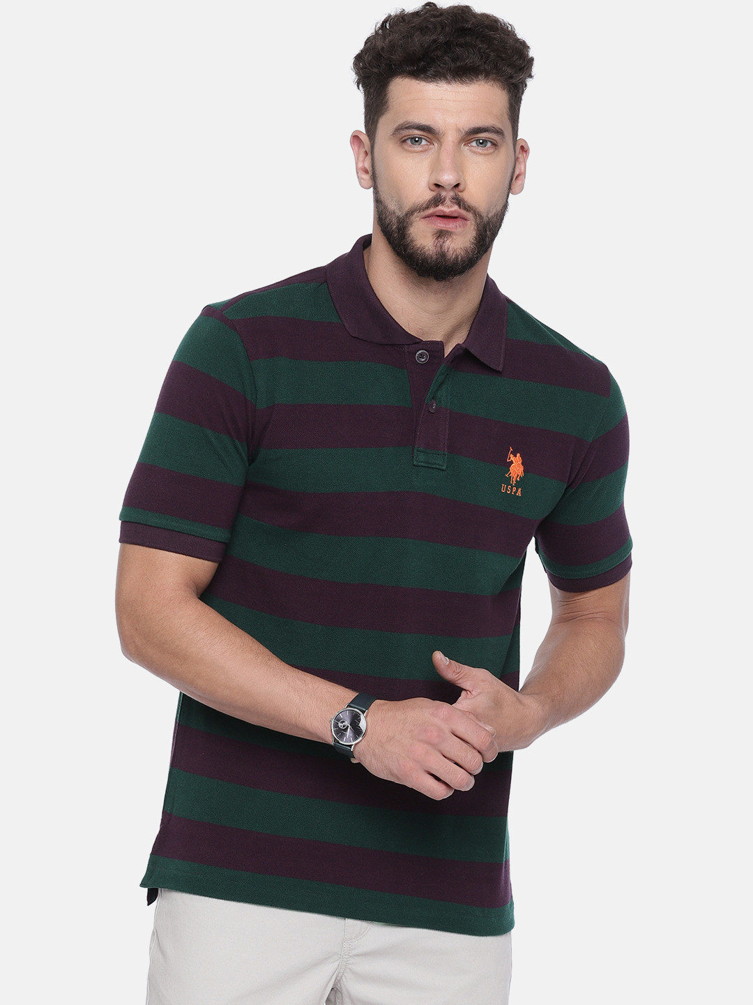 

U.S. Polo Assn. Men Green Striped Polo Collar Pure Cotton T-shirt
