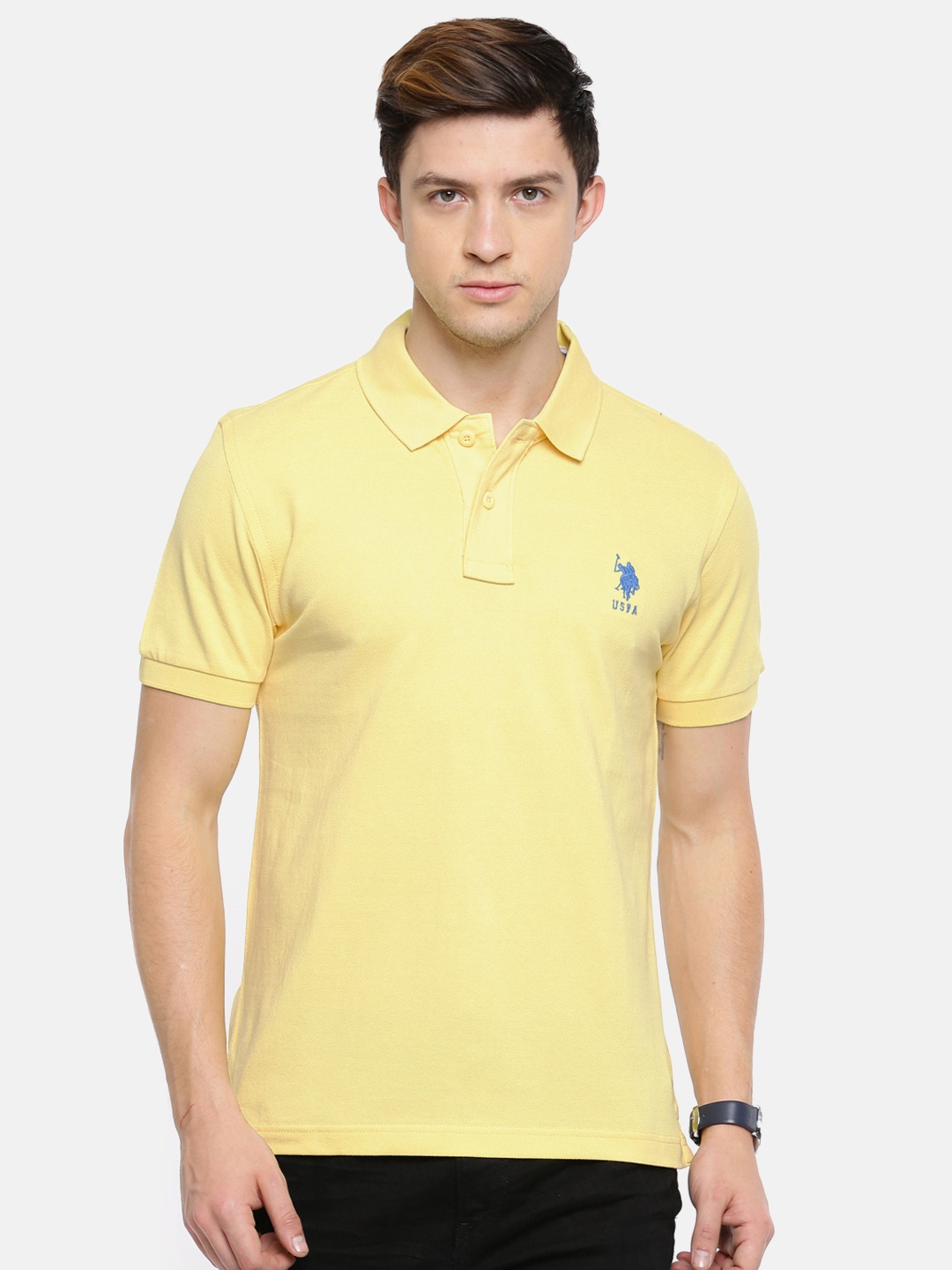 

U.S. Polo Assn. Men Yellow Solid Polo Collar Pure Cotton T-shirt