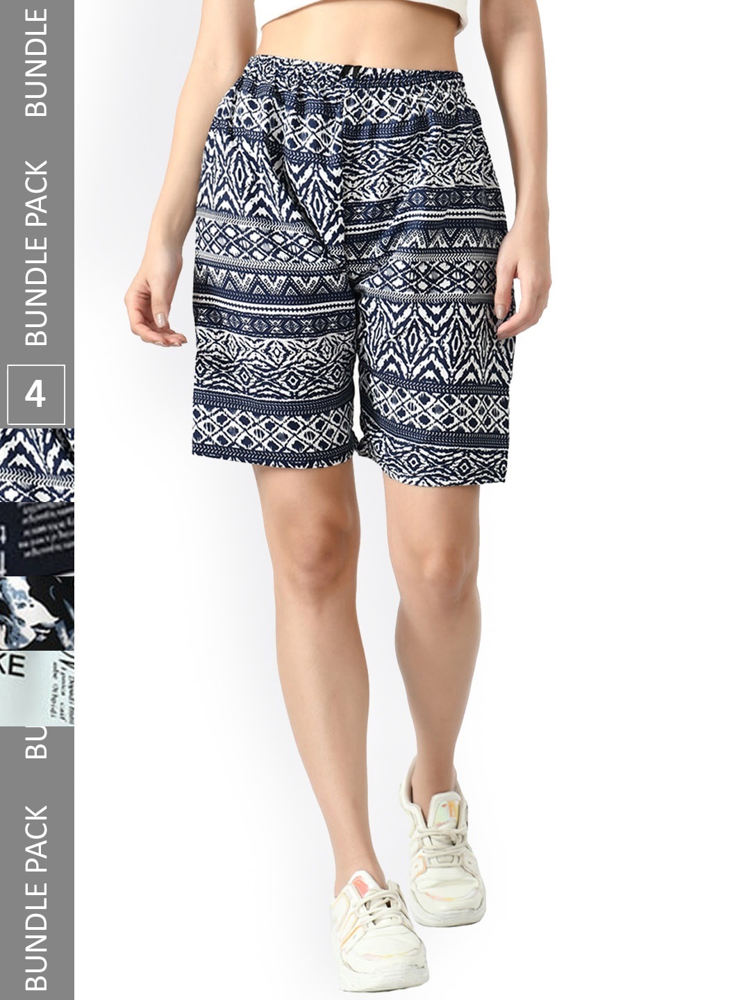 

IndiWeaves Women Pack Of 4 Printed High-Rise Crepe Shorts, Navy blue