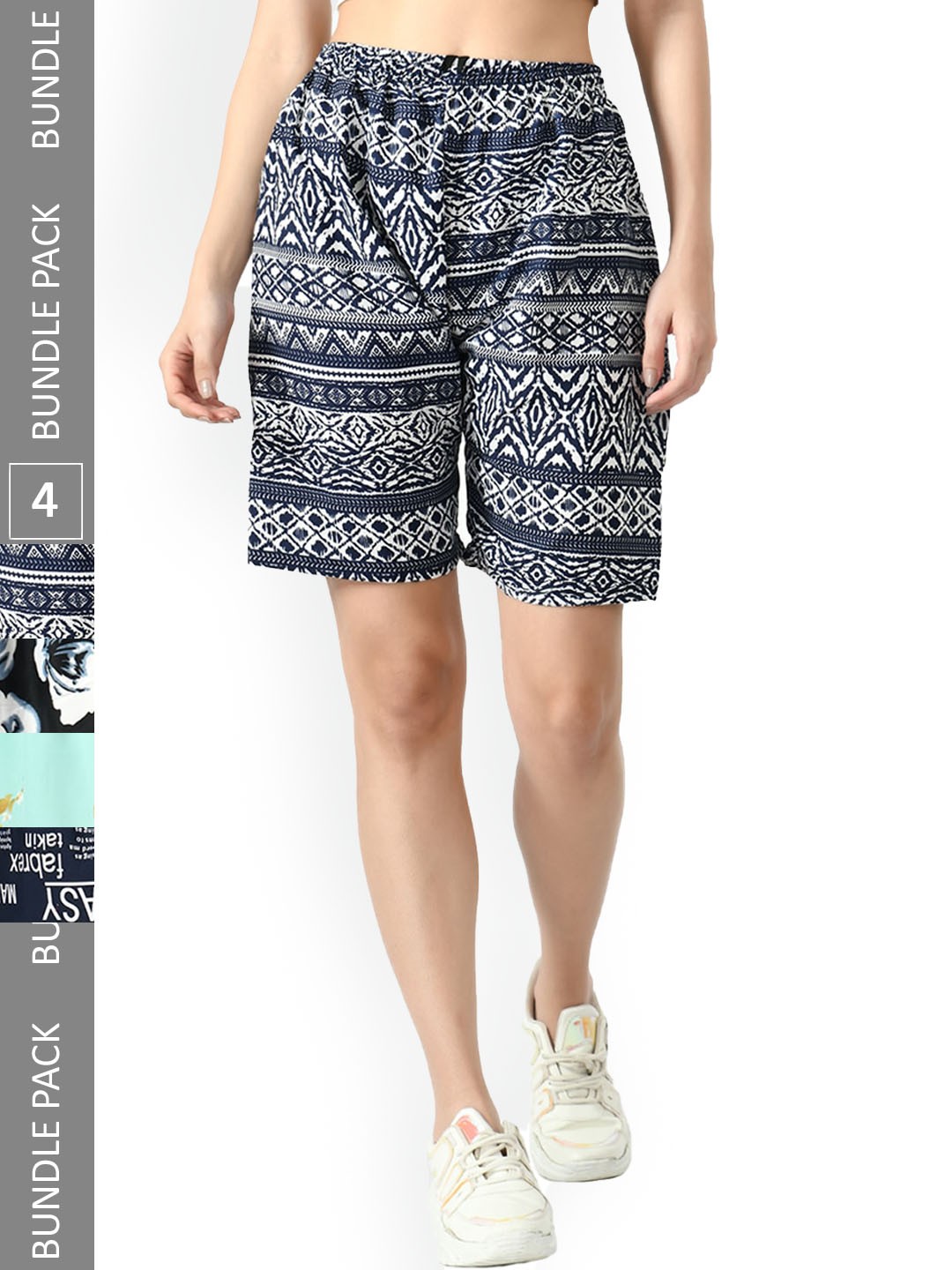 

IndiWeaves Women Pack Of 4 Geometric Printed High-Rise Shorts, Navy blue