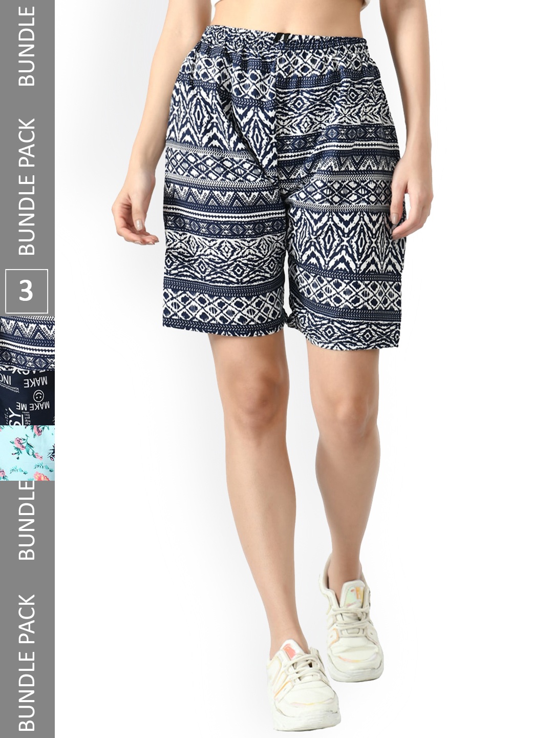 

IndiWeaves Women Pack Of 3 Printed High-Rise Shorts, Navy blue